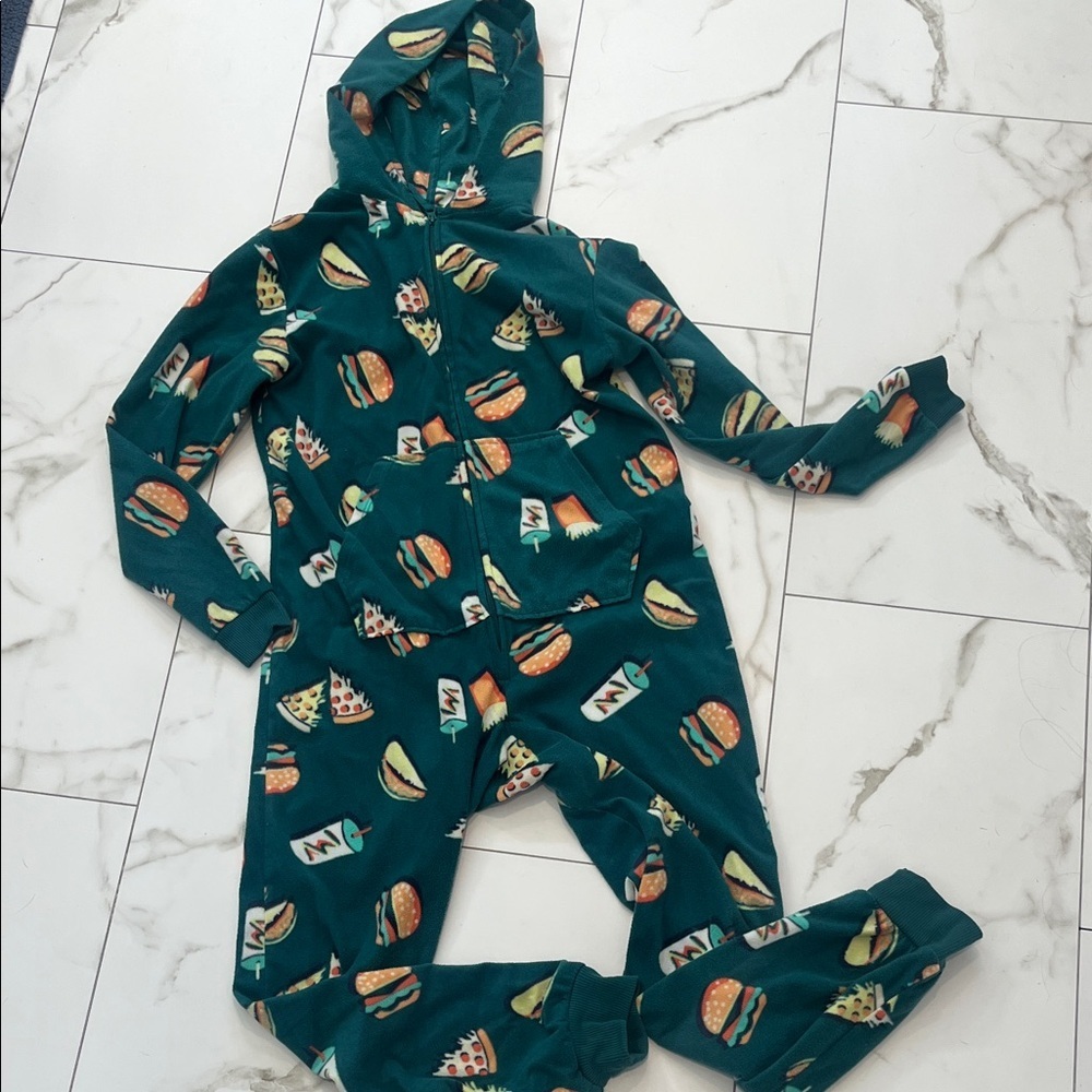 Kids Teal Hooded One-Piece Pajamas with Food Print